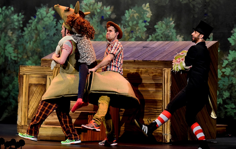 Three actors on stage in The 52 Storey Treehouse